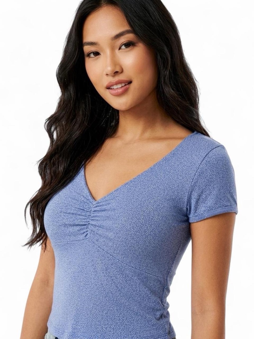 Brandy Melville Light Blue Ruched V-Neck Short Sleeve Top